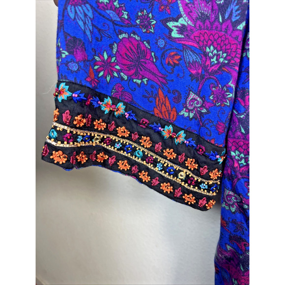 Soft Surroundings Womens 2x BoHo Top Tamuri Tunic Blue Floral Beaded Blouse XXL - Picture 7 of 14